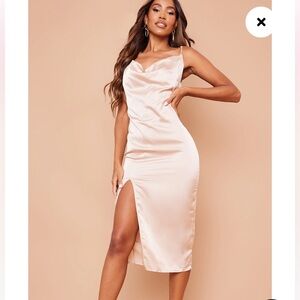 Prettylittlething Champagne Strappy Satin Cowl Midi Dress